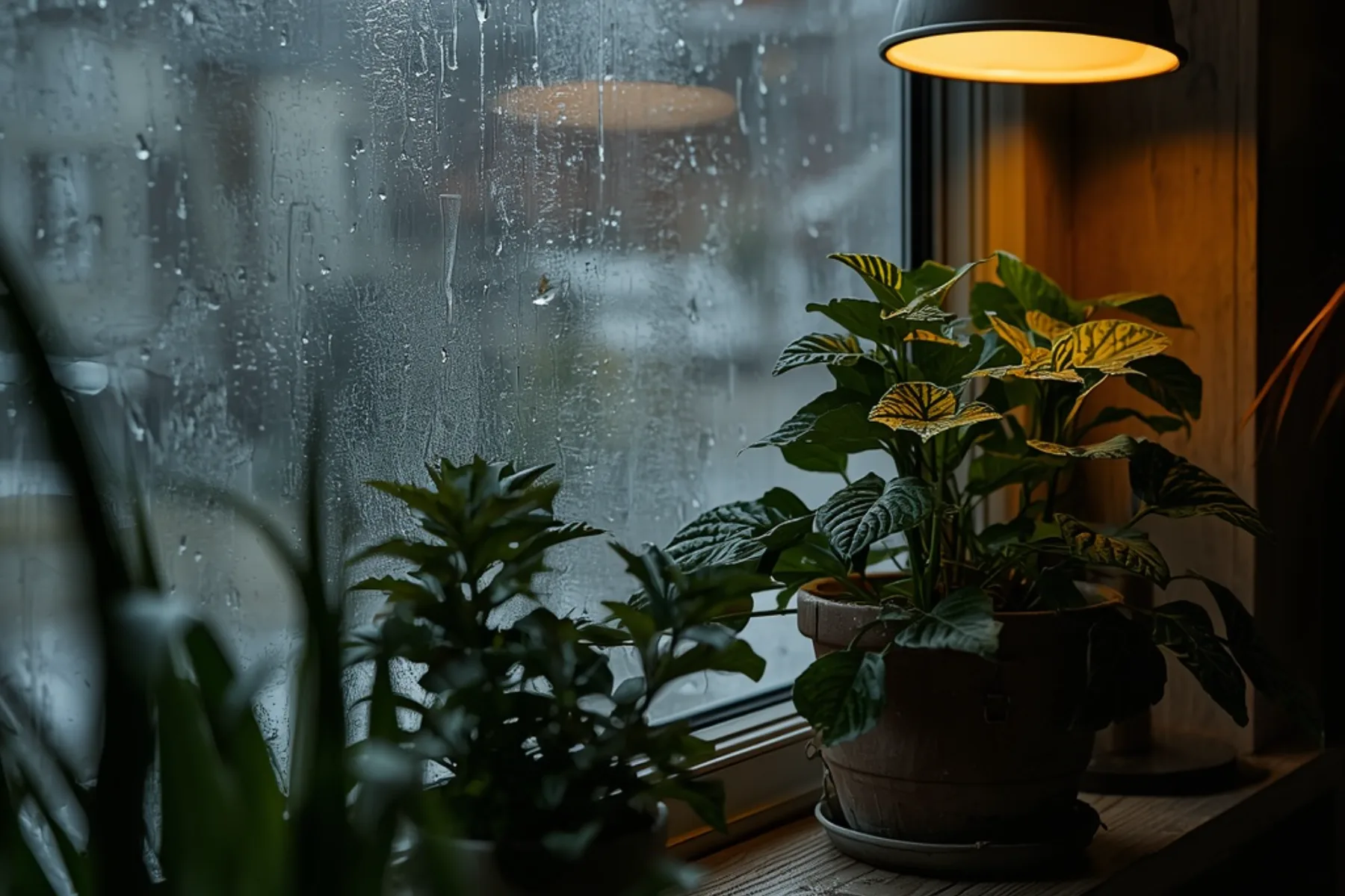 Plantas de interior en el alféizar de una ventana en un día lluvioso de invierno con una lámpara de cultivo encendida